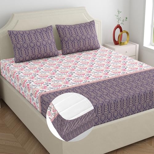 Home Ecstasy 100% Cotton King Fitted Bedsheet with 2 Pillow Covers - (Size 72 x 78 inches, 140 TC, Colour - Purple: Lilac Haze) - Image 1