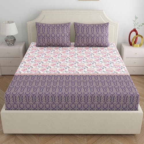 Home Ecstasy 100% Cotton King Fitted Bedsheet with 2 Pillow Covers - (Size 72 x 78 inches, 140 TC, Colour - Purple: Lilac Haze) - Image 2
