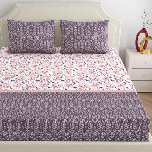 Home Ecstasy 100% Cotton King Fitted Bedsheet with 2 Pillow Covers - (Size 72 x 78 inches, 140 TC, Colour - Purple: Lilac Haze) - Image 3