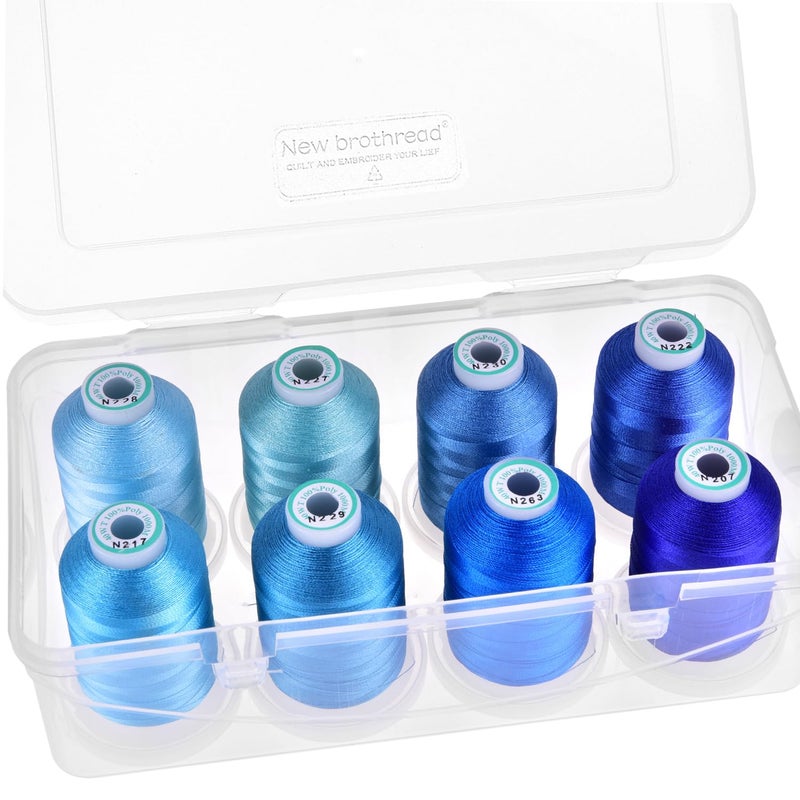 New brothread  20 Options  8 Snap Spools of 1000m Each Polyester Embroidery Machine Thread with Clear Plastic Storage Box for Embroidery  Quilting  Different Blue
