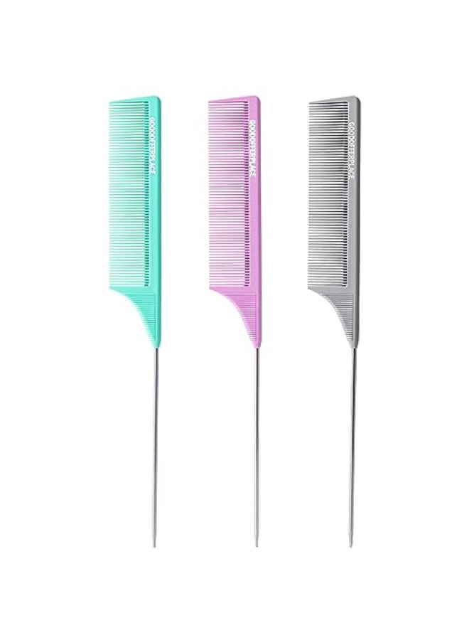 Goodofferplace 3 PCS Rat Tail Combs Parting Rattail Teasing Fine Tooth Comb with Metal Pick for Curly HairDetangling Parting Combs for Women for BraidingStyling HairGreen Purple Grey - Image 1
