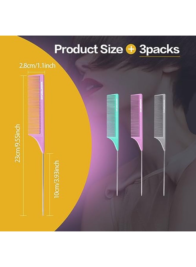 Goodofferplace 3 PCS Rat Tail Combs Parting Rattail Teasing Fine Tooth Comb with Metal Pick for Curly HairDetangling Parting Combs for Women for BraidingStyling HairGreen Purple Grey - Image 3