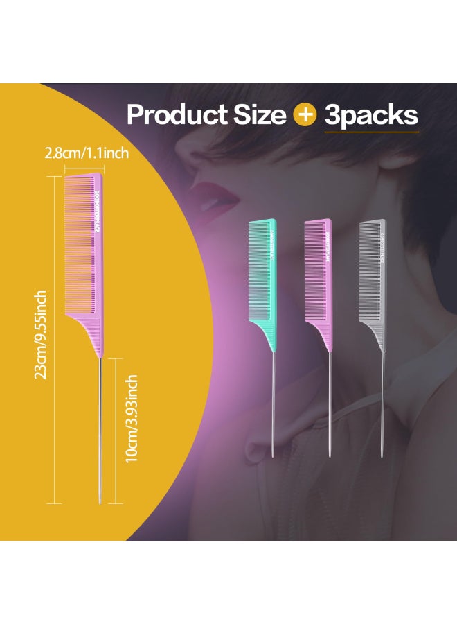 Goodofferplace 3 PCS Rat Tail Combs Parting Rattail Teasing Fine Tooth Comb with Metal Pick for Curly HairDetangling Parting Combs for Women for BraidingStyling HairGreen Purple Grey - Image 4