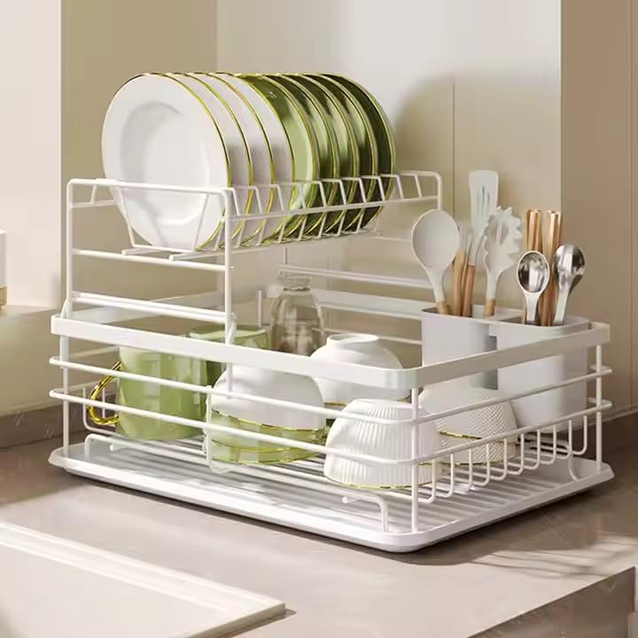 HAKKU Metal Kitchen Dish Rack Drainer | Drying Rack with Removable Drain Board, Rack 2-Tier Large, Size (43L*32W*27H cm) (White) - Image 1