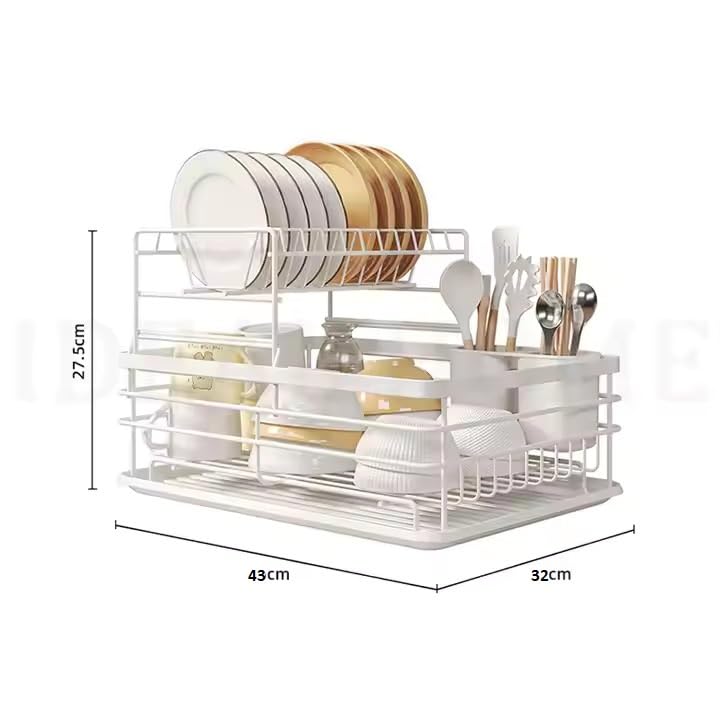 HAKKU Metal Kitchen Dish Rack Drainer | Drying Rack with Removable Drain Board, Rack 2-Tier Large, Size (43L*32W*27H cm) (White) - Image 2