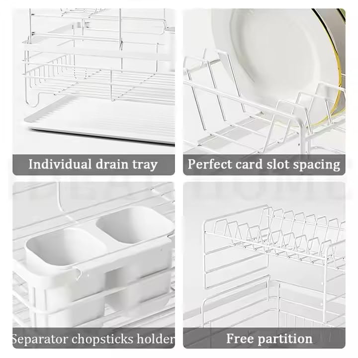 HAKKU Metal Kitchen Dish Rack Drainer | Drying Rack with Removable Drain Board, Rack 2-Tier Large, Size (43L*32W*27H cm) (White) - Image 4