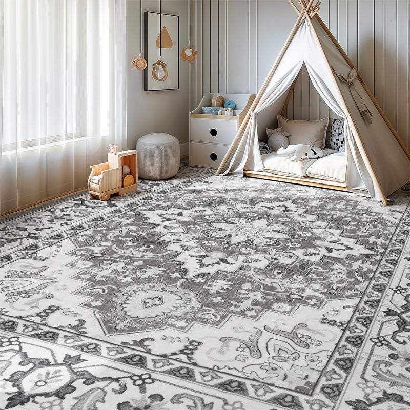 Lofus 5x7 Area Rugs for Living Room, Washable Area Rug, Rugs for Bedroom, Kitchen, Vintage Boho Carpet, Soft Non-Slip, Low Pile Large Area Rug for Office Dining Room, Floral Grey - Image 2