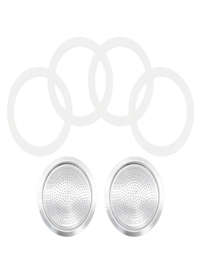 HAKATOP 6 Cup Moka Pot Replacement Parts: 2 Stainless Filters + 4 Silicone Gaskets, Compatible with Bialetti Stovetop Espresso Maker - Image 1