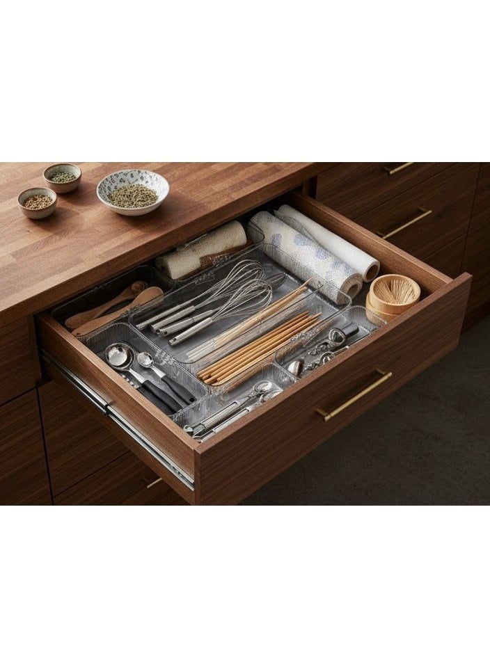Adjustable Drawer Organizer 3-Piece Set, Clear Plastic, Extendable Cutlery Tray & Dividers for Kitchen, Office and Desk Storage - Image 2
