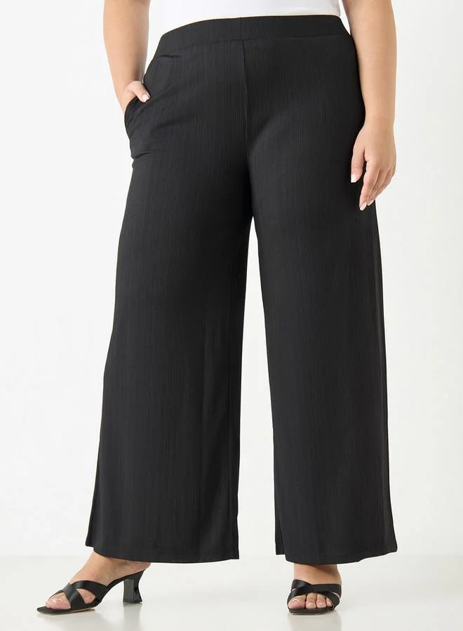 Ulla Popken Plus Size Ulla Popken Textured Wide Leg Pants with Pockets