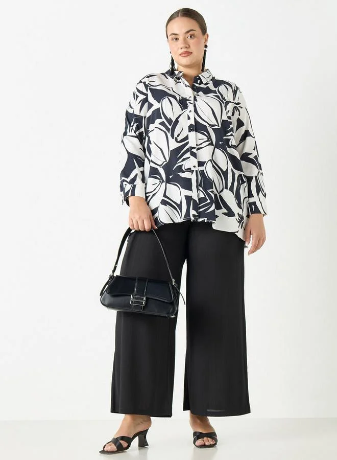 Ulla Popken Plus Size Ulla Popken Textured Wide Leg Pants with Pockets