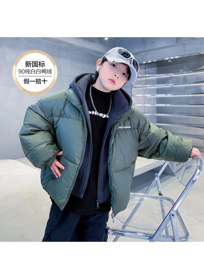Boys' Winter Clothing Trendy Brand Fake Two-piece Patchwork Down Jacket  New Children's Boys' Winter Windproof Thick Coat