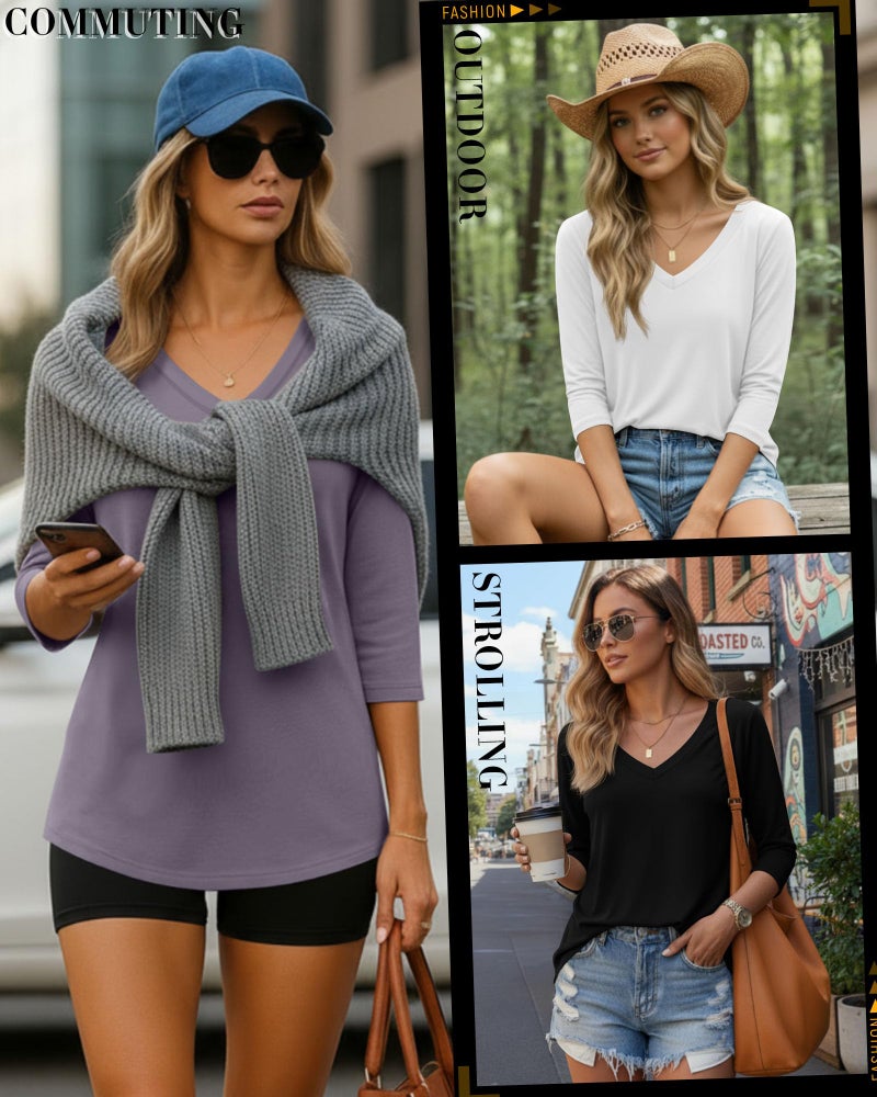 Ficerd 4 Pack Women's 3/4 Sleeve T Shirts, V Neck Casual Tunic Tops Loose Fit Cotton Basic Shirts Solid Color Fashion Tees(Black, White, Light Mixed Gray, Gray,Large) - Image 2