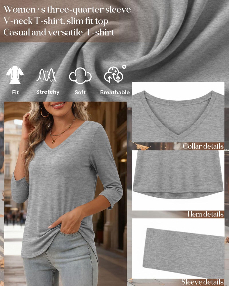 Ficerd 4 Pack Women's 3/4 Sleeve T Shirts, V Neck Casual Tunic Tops Loose Fit Cotton Basic Shirts Solid Color Fashion Tees(Black, White, Light Mixed Gray, Gray,Large) - Image 5