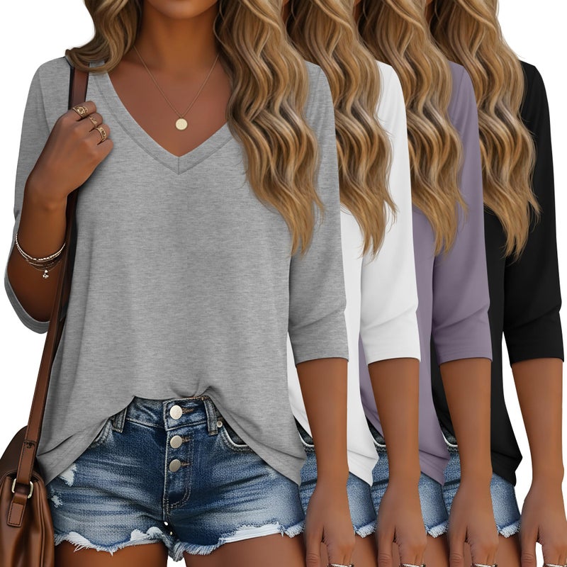 Ficerd 4 Pack Women's 3/4 Sleeve T Shirts, V Neck Casual Tunic Tops Loose Fit Cotton Basic Shirts Solid Color Fashion Tees(Black, White, Light Mixed Gray, Gray,Large) - Image 1
