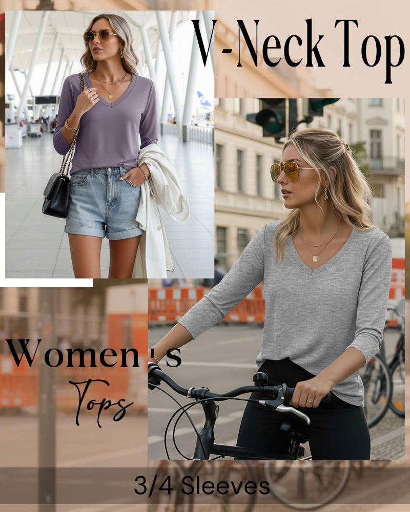 Ficerd 4 Pack Women's 3/4 Sleeve T Shirts, V Neck Casual Tunic Tops Loose Fit Cotton Basic Shirts Solid Color Fashion Tees(Black, White, Light Mixed Gray, Gray,Large) - Image 4