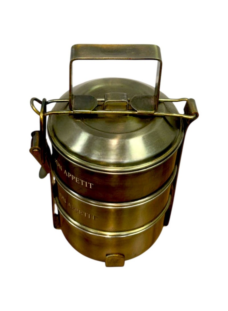 Handcrafted Brass 3 Tier Lunch Box Traditional Food Carrier for Kitchen & Dining Storage - Image 3