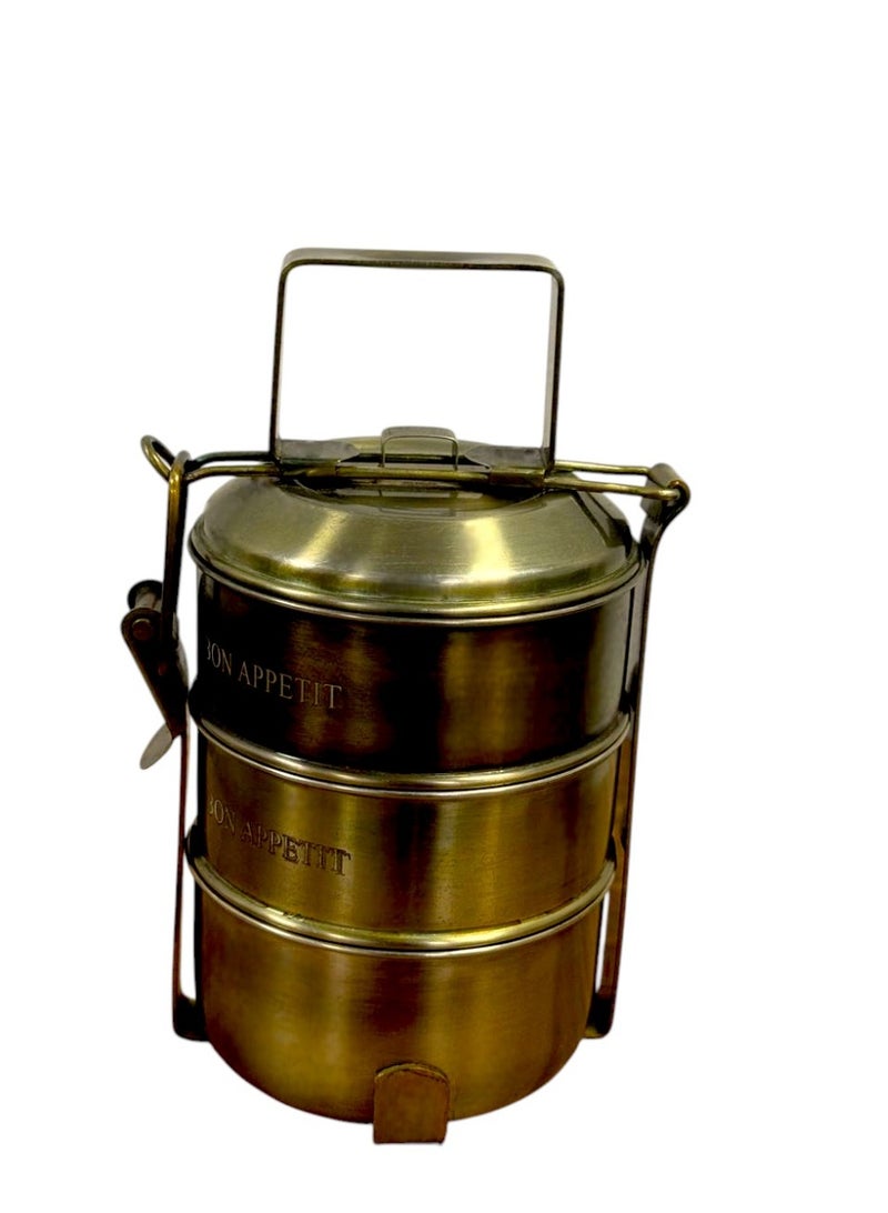 Handcrafted Brass 3 Tier Lunch Box Traditional Food Carrier for Kitchen & Dining Storage - Image 4
