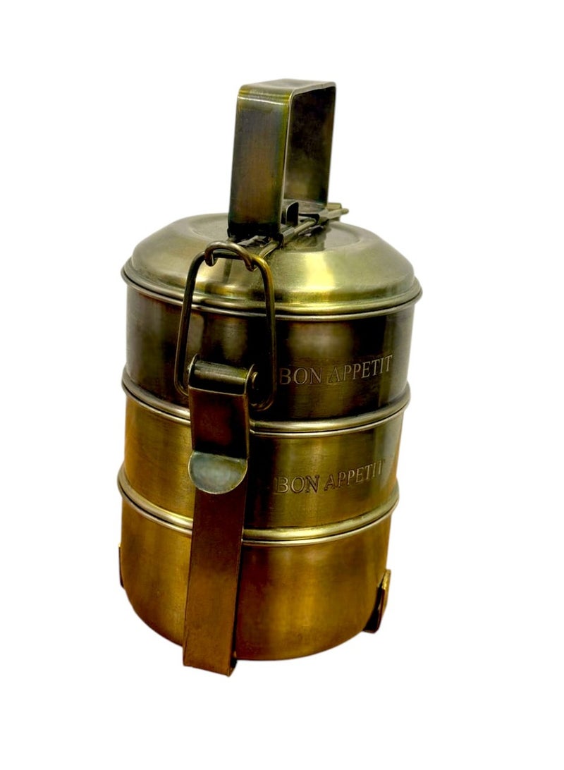 Handcrafted Brass 3 Tier Lunch Box Traditional Food Carrier for Kitchen & Dining Storage - Image 2
