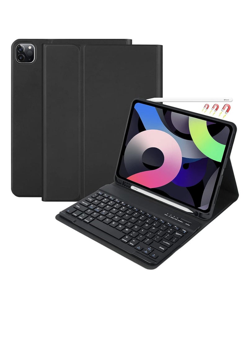حافظة لوحة مفاتيح سوداء لجهاز iPad Pro 11 بوصة 2022 2021 2020 2018 غطاء خفيف الوزن رفيع مع لوحة مفاتيح لاسلكية قابلة للفصل مغناطيسيًا لجهاز iPad Pro 11 بوصة الجيل الرابع والثالث والثاني والأول