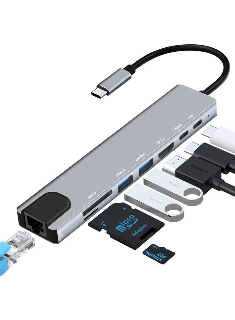 ترينفي محول USB C Hub Ethernet HDMI 4K، قاعدة توصيل متعددة المنافذ 8 في 1 مع USB-C إلى RJ45 Ethernet، منافذ USB 3.0، قارئ بطاقات SD/TF، ​​شحن PD بقوة 87 وات، دونجل لأجهزة الكمبيوتر المحمولة MacBook Pro/Air وType-C التي تعمل بنظام Windows - Image 1