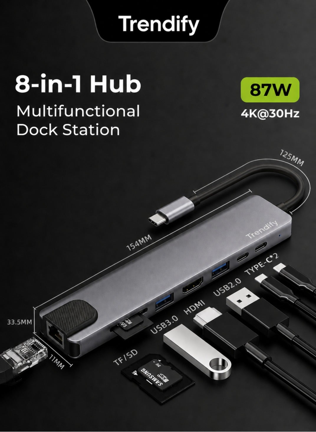 USB C Hub Ethernet HDMI 4K Adapter, 8-in-1 Multiport Dock with USB-C to RJ45 Ethernet, USB 3.0 Ports, SD/TF Card Reader, 87W PD Charging, Dongle for MacBook Pro/Air and Type-C Windows Laptops