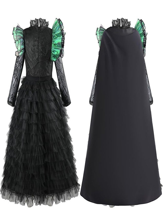 Treayes Girls Witch Black Ruffled Dress Set with Cape Pointed Hat Round Glasses Green Gloves and Socks for Kids 6-8T - Image 4