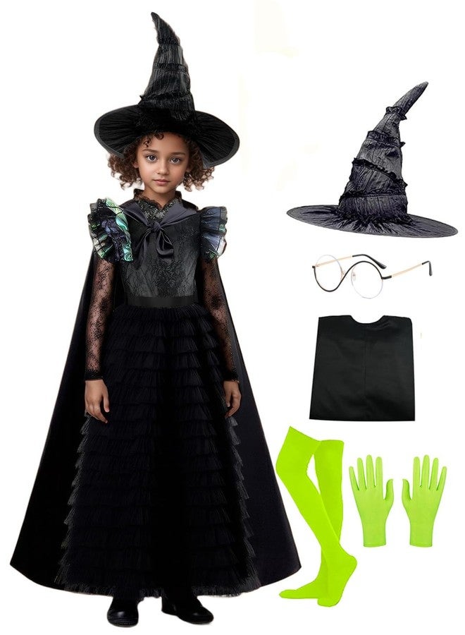 Treayes Girls Witch Black Ruffled Dress Set with Cape Pointed Hat Round Glasses Green Gloves and Socks for Kids 6-8T - Image 1