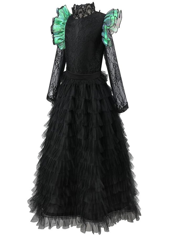 Treayes Girls Witch Black Ruffled Dress Set with Cape Pointed Hat Round Glasses Green Gloves and Socks for Kids 6-8T - Image 3