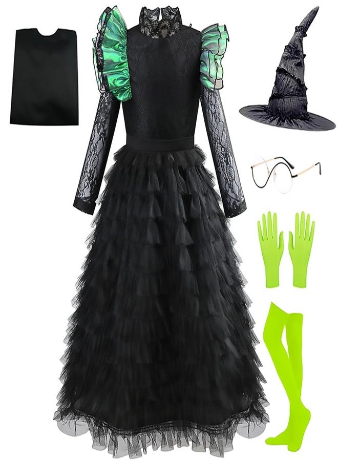 Treayes Girls Witch Black Ruffled Dress Set with Cape Pointed Hat Round Glasses Green Gloves and Socks for Kids 6-8T - Image 2