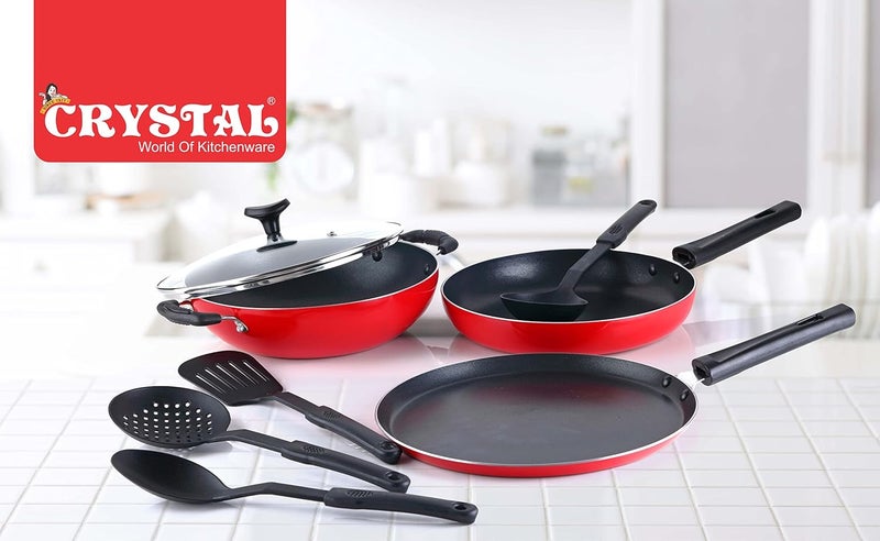 Crystal Classic Series 8-pc Non-Stick Cookware Set, PFOA Free, Tawa, Kadhai with Glass Lid, Fry Pan, 4 Spatulas, Red - Image 3
