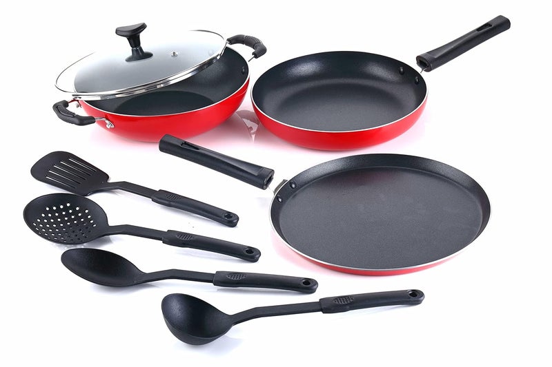 Crystal Classic Series 8-pc Non-Stick Cookware Set, PFOA Free, Tawa, Kadhai with Glass Lid, Fry Pan, 4 Spatulas, Red - Image 1