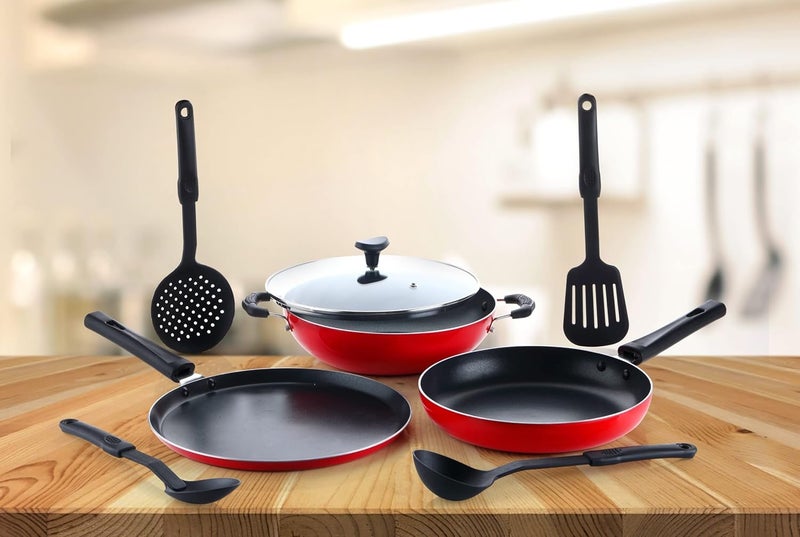 Crystal Classic Series 8-pc Non-Stick Cookware Set, PFOA Free, Tawa, Kadhai with Glass Lid, Fry Pan, 4 Spatulas, Red - Image 2