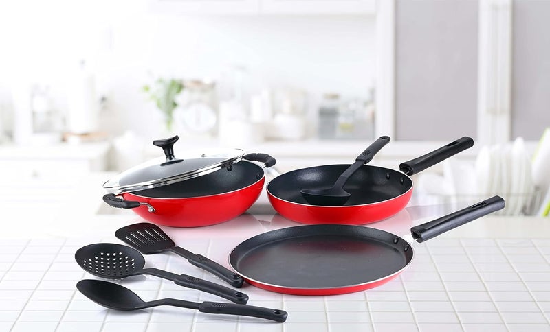 Crystal Classic Series 8-pc Non-Stick Cookware Set, PFOA Free, Tawa, Kadhai with Glass Lid, Fry Pan, 4 Spatulas, Red - Image 4