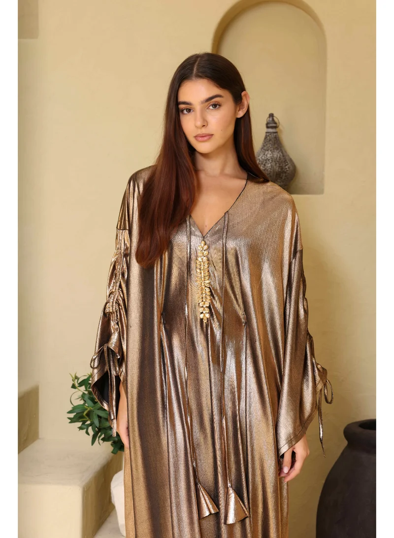 اكسا جلابية فاخرة قماش لامع لون أخضر مقاس حر بني