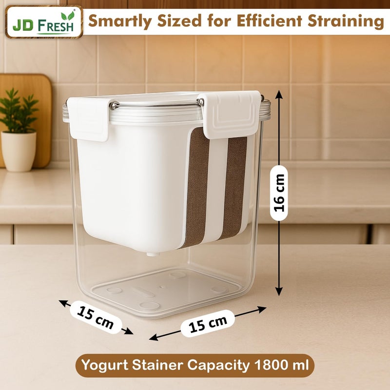 JD FRESH صانع الزبادي واللبن اليوناني 1800 مل / مصفاة شبكية دقيقة مع غطاء / صندوق مصفاة اللبن المعلق / أساسيات المنزل / لبن معلق / مثالي للزبادي المنزلي / فاصل مصل اللبن / لبن / جبن والمزيد - Image 2