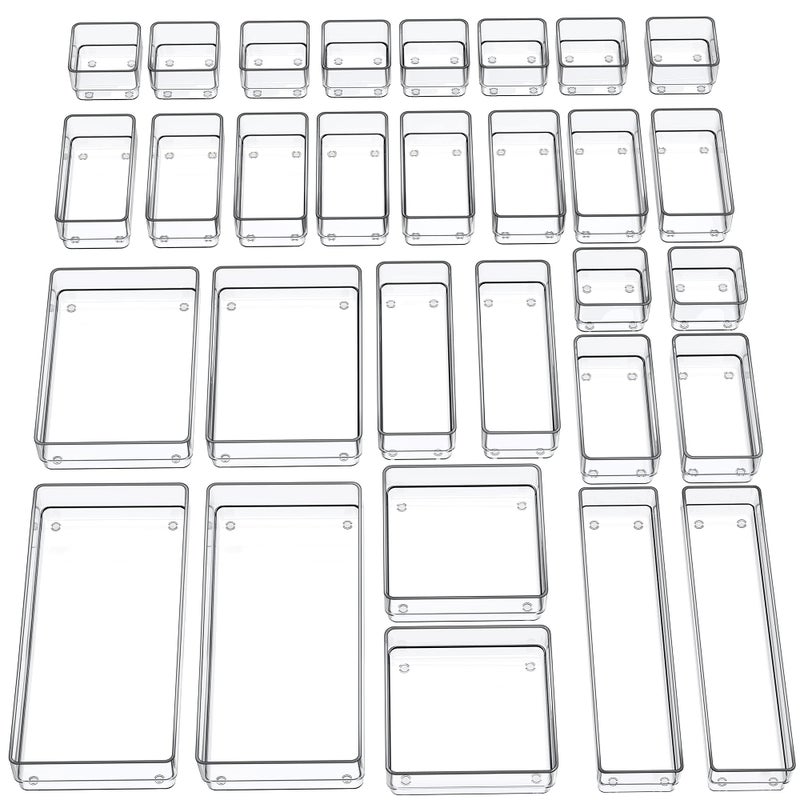 SMARTAKE 30Piece Drawer Organizer with NonSlip Silicone Pads 7Size Desk Drawer Organizer Trays Storage Tray for Makeup Jewelries Utensils in Bedroom Dresser Office and Kitchen Clear