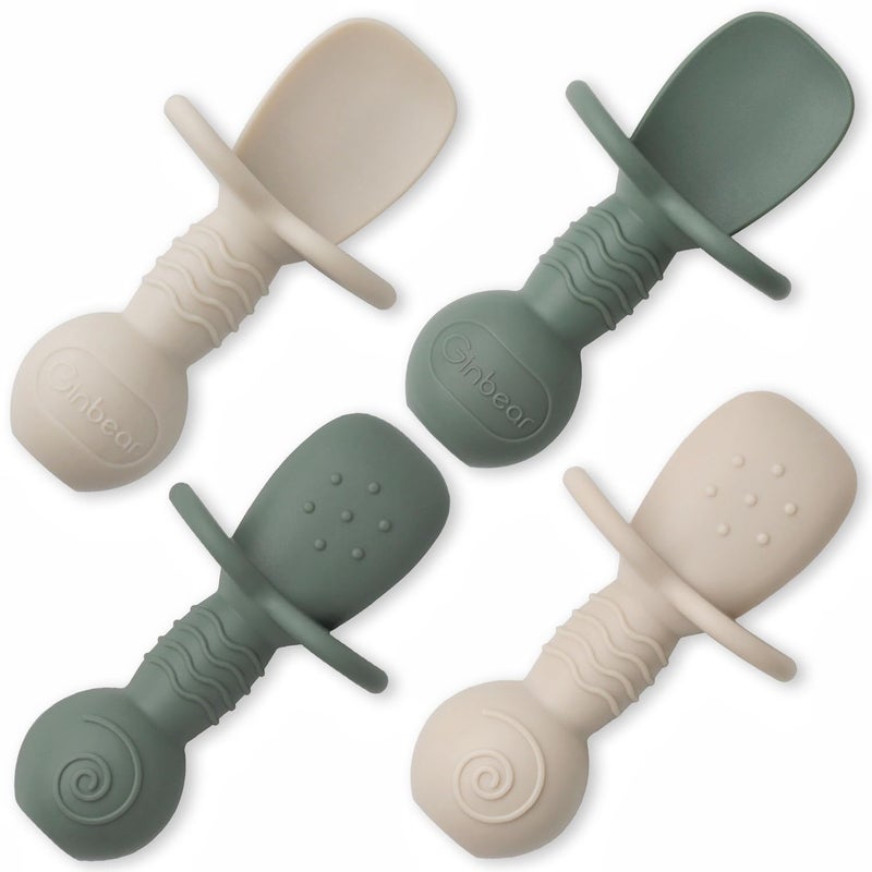Ginbear Platinum Silicone Baby Spoons Self Feeding 6 Months First Stage Non Toxic Infants Led Weaning Utensils for Training Soft BLW Supplies Pack of 4 Dark SageIvory - Image 1