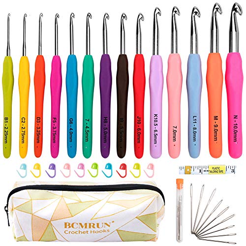 BCMRUN Crochet Hooks Set,14 PCS 2mm(B)-10mm(N) Ergonomic Soft Grip Handles Yarn Knitting Needles Kit with Case for Arthritic Hands, Extra Long  Knit Needles, Best Gift for Women - Image 1