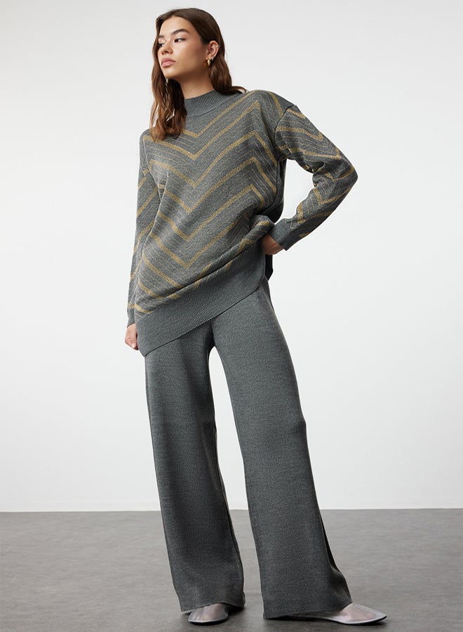 trendyol Anthracite Glitter Knitwear Sweater Trousers Bottom-Top Set TCTAW25US00010 - Image 1