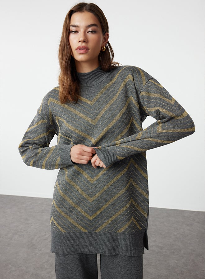 trendyol Anthracite Glitter Knitwear Sweater Trousers Bottom-Top Set TCTAW25US00010 - Image 2