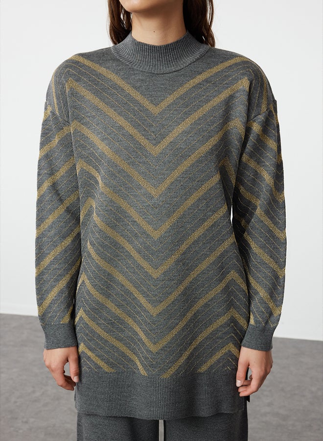 trendyol Anthracite Glitter Knitwear Sweater Trousers Bottom-Top Set TCTAW25US00010 - Image 3