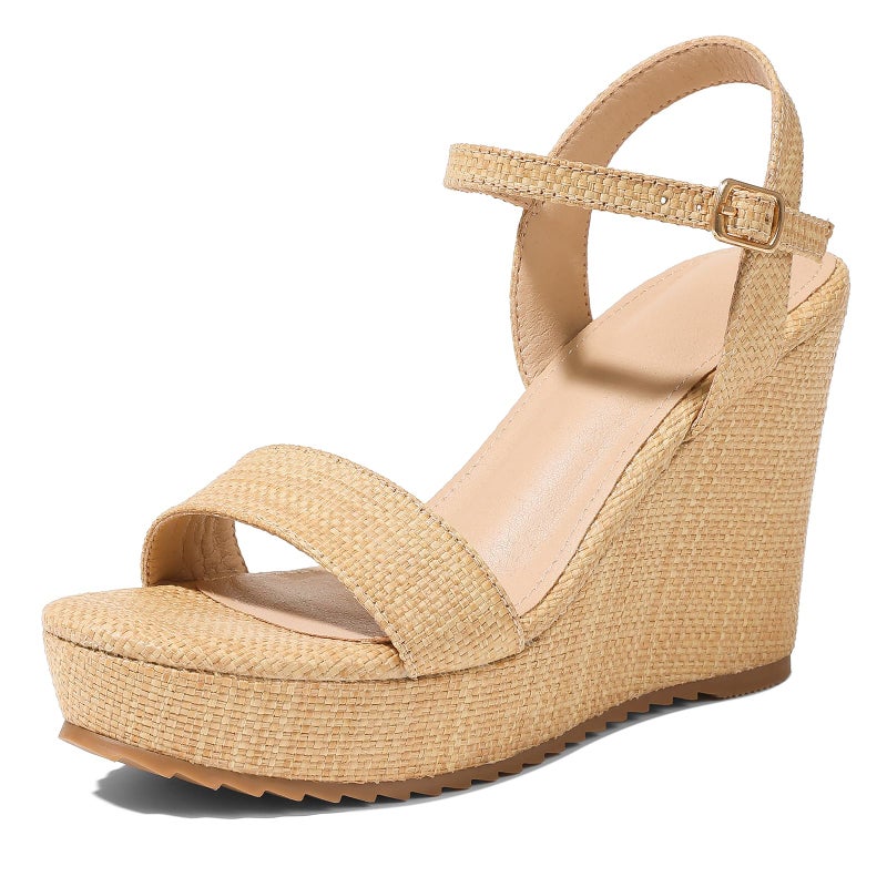 mikarka Women's Espadrille Wedge Sandals: Ankle Strap Platform Open Toe Wedges - Stylish High Heel Dressy Summer Wedges for Women, Inspired by Espadrilles Brown Raffia US Size 8 - Image 1