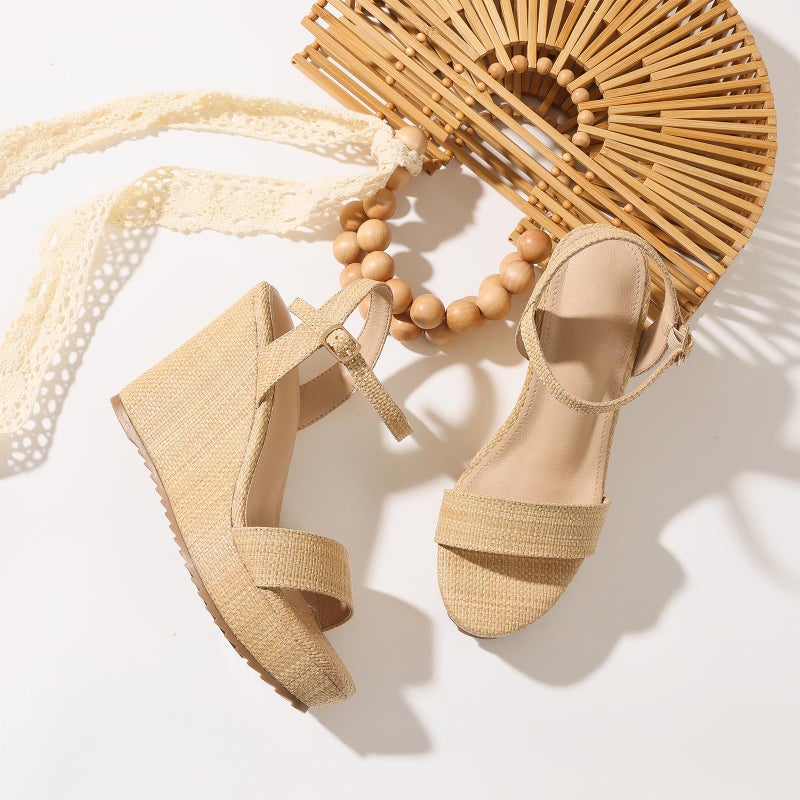 mikarka Women's Espadrille Wedge Sandals: Ankle Strap Platform Open Toe Wedges - Stylish High Heel Dressy Summer Wedges for Women, Inspired by Espadrilles Brown Raffia US Size 8 - Image 3