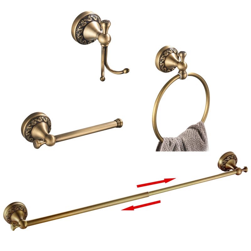 BATHSIR Antique Brass Towel Bar Set Adjustable Bathroom Accessories Include Expandable Towel Holder Toilet Paper Holder Towel Ring Robe Hook Retro Carved Style Hardware 4 Piece Wall Mount