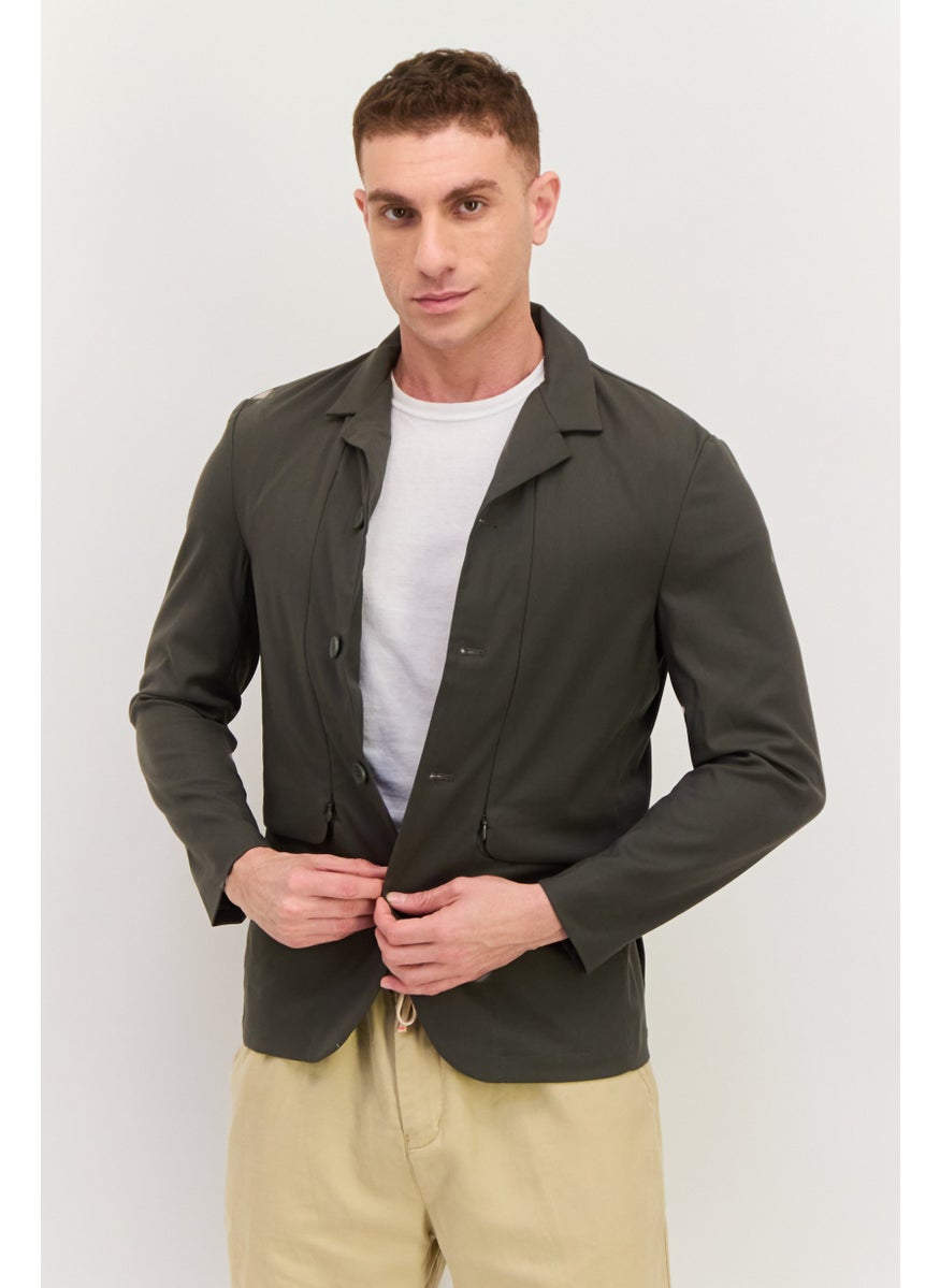 ESPRIT - Men Regular Fit Plain Semi Formal Blazer, Olive - Image 1