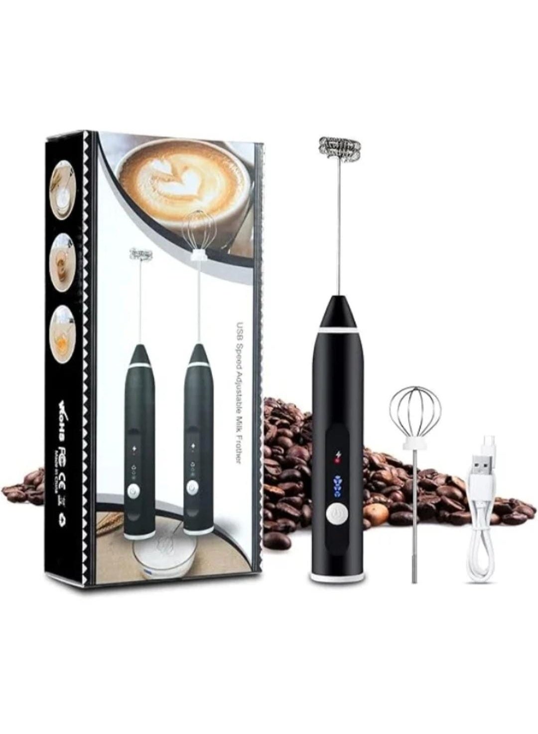Rechargeable Handheld Milk Frother – 3 Adjustable Speeds for Making Latte & Cappuccino with Extra Egg Whisk