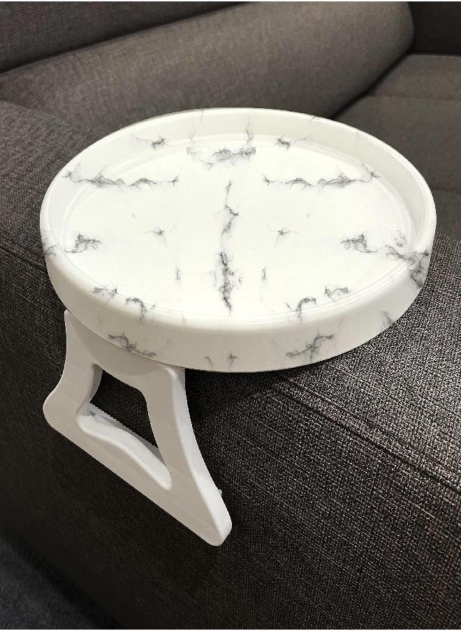 F&T Marble Printed Sofa Arm Clip Table, Armrest Tray Table, Drinks/Remote Control/Snacks Holder (Round) 