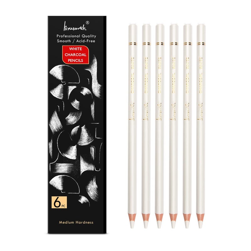 Brusarth White Charcoal Pencils Drawing Set, Professional 6 Pieces Sketch Highlight White Pencils for Drawing, Sketching, Shading, Blending, White Chalk Pencils for Beginners & Artists - Image 1