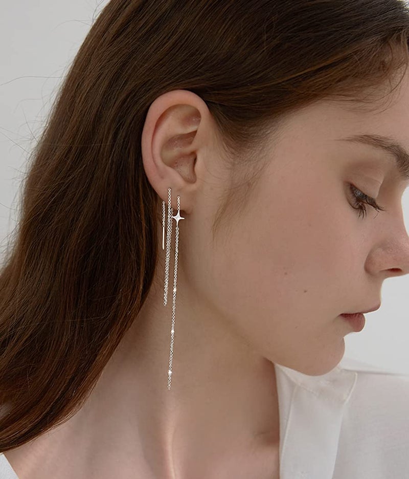 SLUYNZ 925 Sterling Silver Star Long Dangle Earrings Chain for Women Teen Girls Line Dangle Earrings Tassel Threader Chain (A-Sterling Silver) - Image 3
